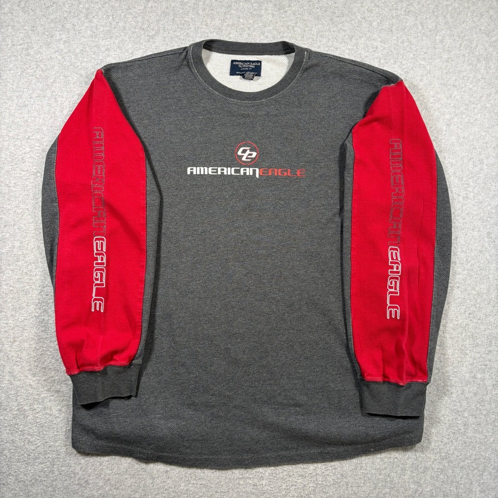 Y2K American Eagle Long Sleeve Shirt Mens XL Gray Red Surf Skate Waffle Knit